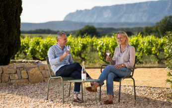 Un couple trinque au vin dans un vignoble pittoresque avec des montagnes en arrière-plan.
