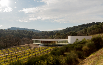 Maison moderne au bord de vignes, vue sur les montagnes verdoyantes.