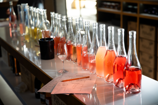 Une sélection de bouteilles de rosé à déguster, sur un comptoir éclairé.