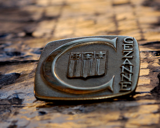 Un badge de l'Université de Caen-Normandie posé sur un bois sombre et texturé.