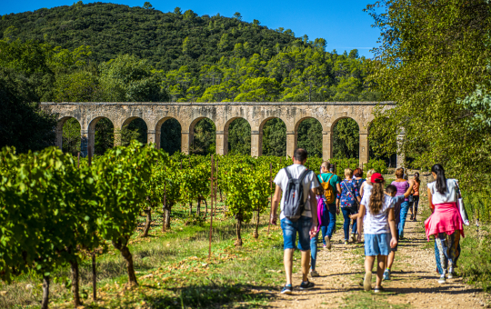 Un groupe de touristes se promène devant un pont aqueduc dans un paysage verdoyant.