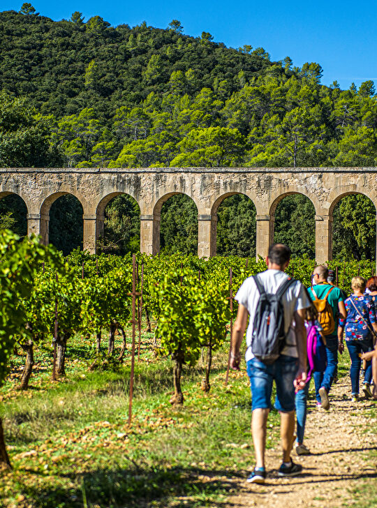 Un groupe de touristes se promène devant un pont aqueduc dans un paysage verdoyant.