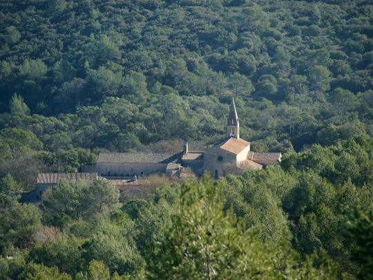 Une église de pierre entourée de verdure, offrant un paysage paisible et isolé.