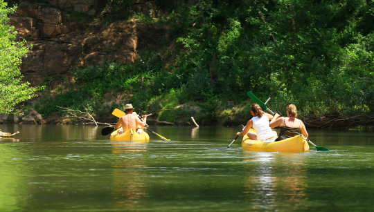 Deux personnes en kayak naviguent paisiblement sur une rivière verdoyante et sinueuse.