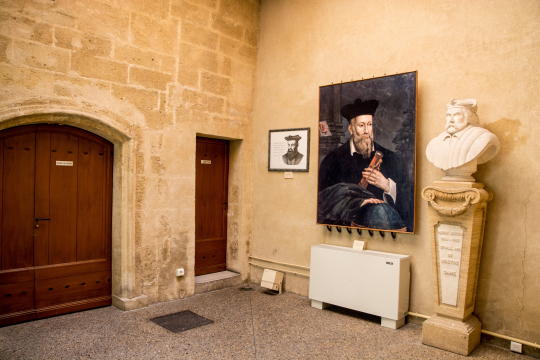 Intérieur d'un couloir historique avec des portes, un portrait et un buste sculpté.