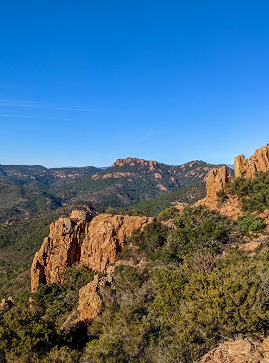 Paysage montagneux et forestier sous un ciel bleu éclatant, vue panoramique.