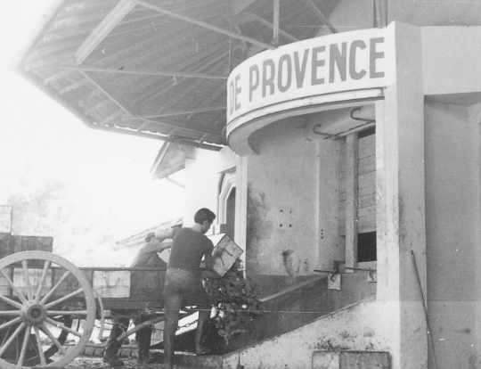 Un homme charge des caisses dans une charrette devant un magasin 