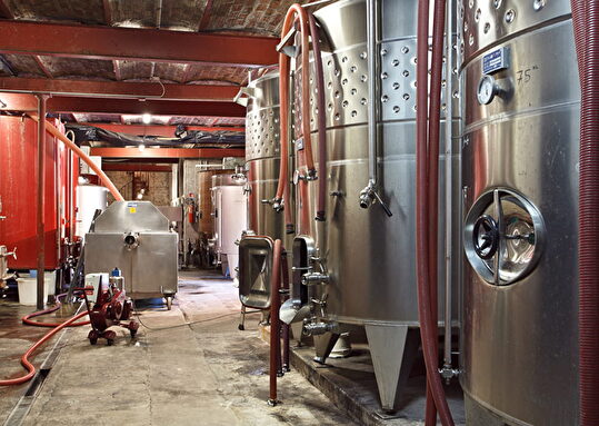 Des cuves de vin en cave, équipées de matériel industriel, témoignent de la production viticole.