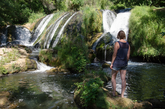 Une femme admire une cascade luxuriante dans un paysage naturel préservé.