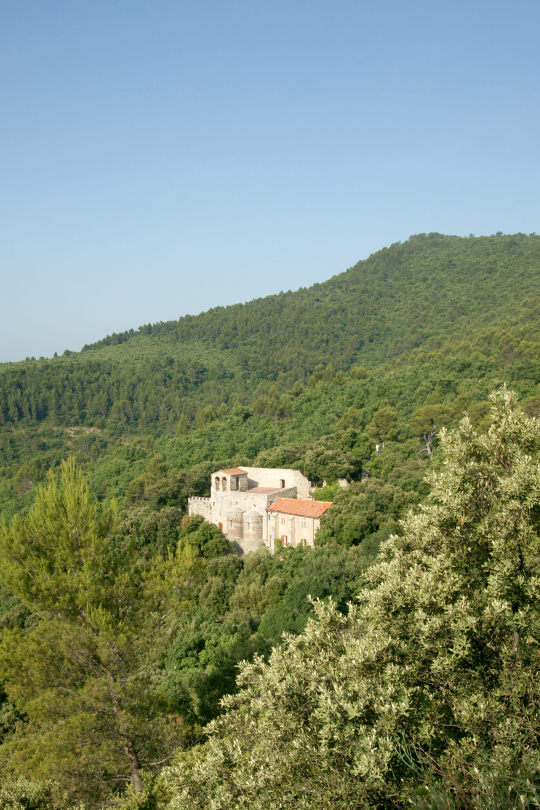 Un château médiéval entouré de verdure et de collines, offrant un paysage paisible.