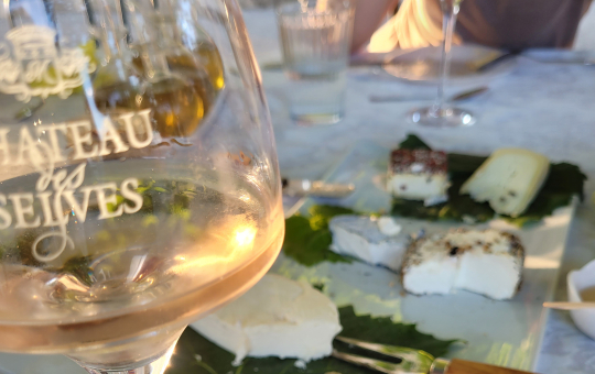 Un verre de vin et des fromages délicieux sur une table élégante.