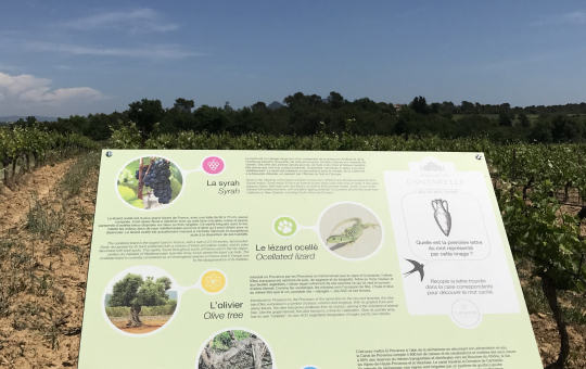 Panneau d'information sur la faune, la flore et le canal de Provence, en Provence.