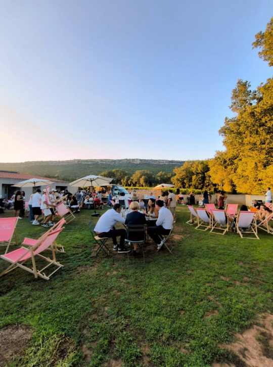 Un événement convivial en plein air avec des tables et des chaises sur l'herbe.