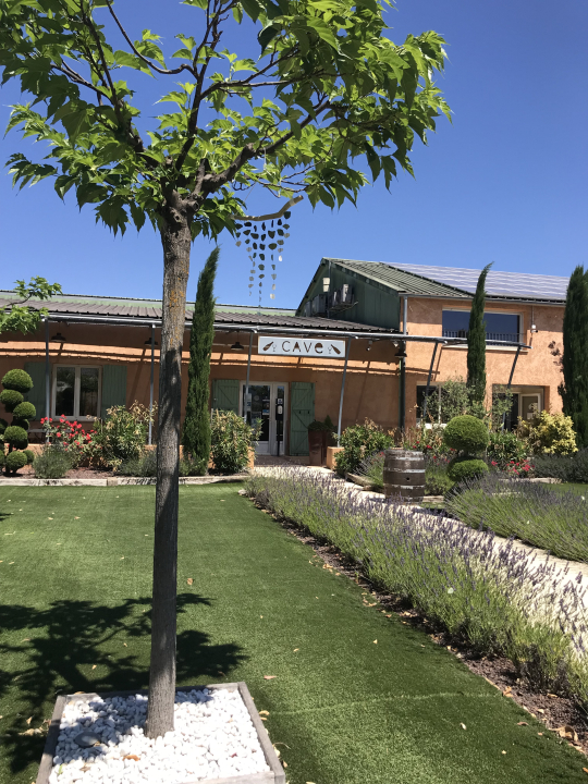 Vue extérieure d'une cave à vin avec jardin bien entretenu et ciel bleu.