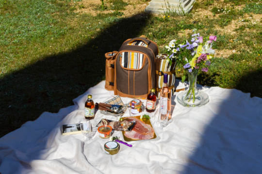 Un pique-nique ensoleillé avec des provisions, du vin et des fleurs.