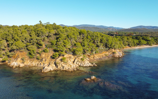 Vue aérienne d'une côte rocheuse et verdoyante avec une mer bleue et limpide.