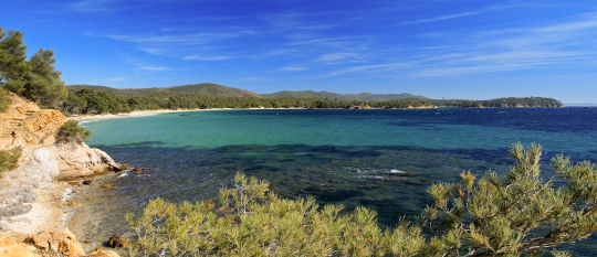 Une belle plage rocheuse avec une eau turquoise et une végétation méditerranéenne sous un ciel bleu.