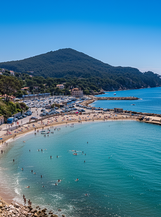 Vue panoramique sur la plage de Saint-Jean-Cap-Ferrat, avec la mer et la montagne.