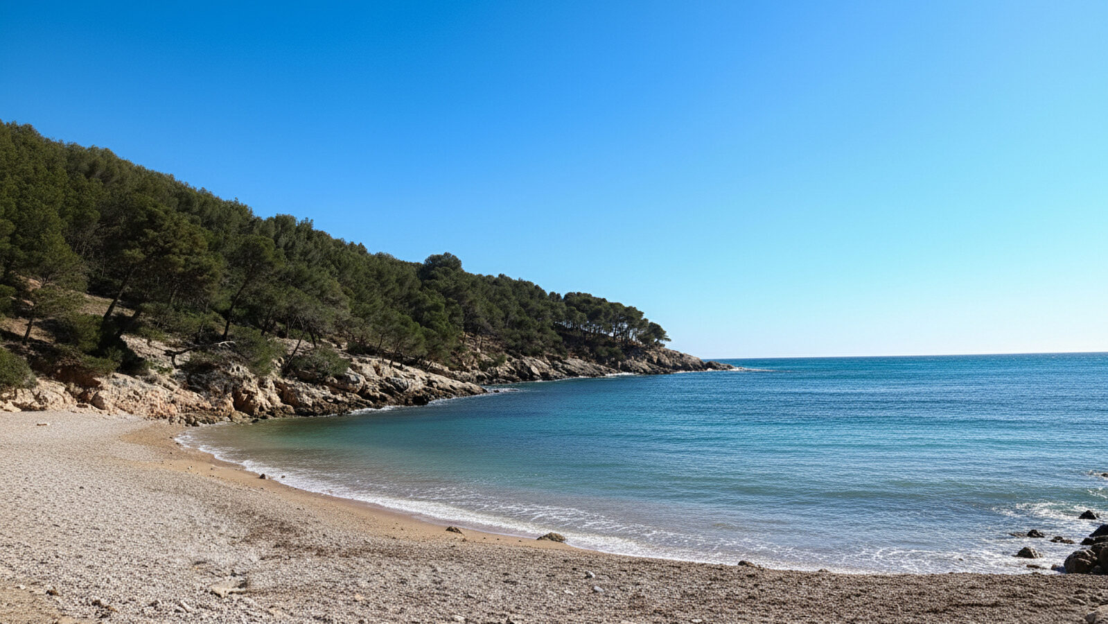 Une belle plage rocheuse avec une mer turquoise sous un ciel bleu éclatant.