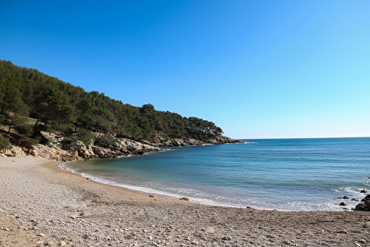 Une belle plage rocheuse avec une mer turquoise sous un ciel bleu éclatant.