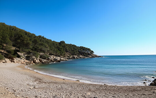 Une belle plage rocheuse avec une mer turquoise sous un ciel bleu éclatant.