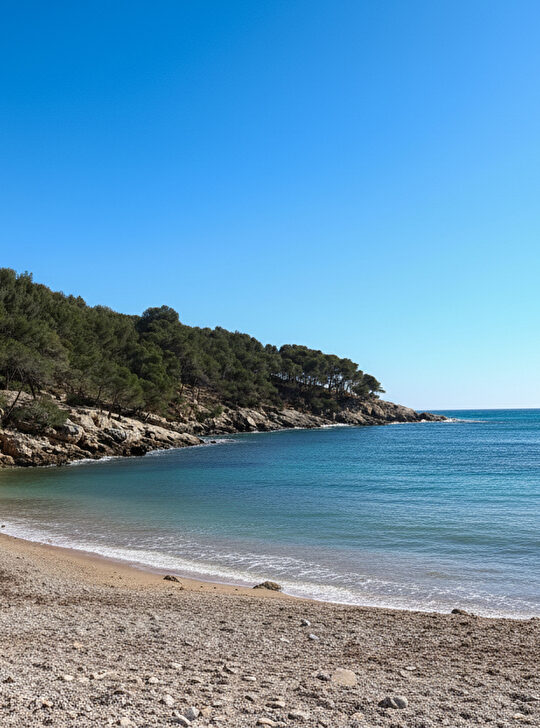 Une belle plage rocheuse avec une mer turquoise sous un ciel bleu éclatant.